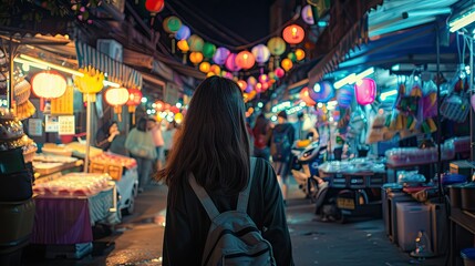 Obraz premium A woman exploring a bustling night market, colorful lights and street food stalls around.