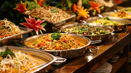An assortment of dishes on a buffet table at a Thai restaurant.