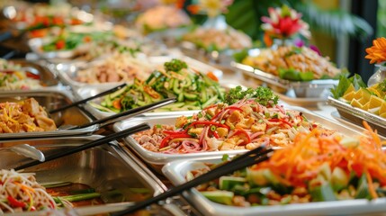 An assortment of dishes on a buffet table at a Thai restaurant.