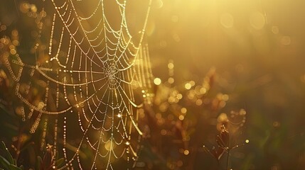 Glistening dewdrops on intricate spider webs in early morning light