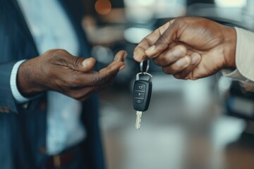 Closeup hand of cardealer giving new car key to customer. Salesman hand giving keys to a client at showroom. Man's hand receiving car keys from african agent in a auto dealership with copy space.