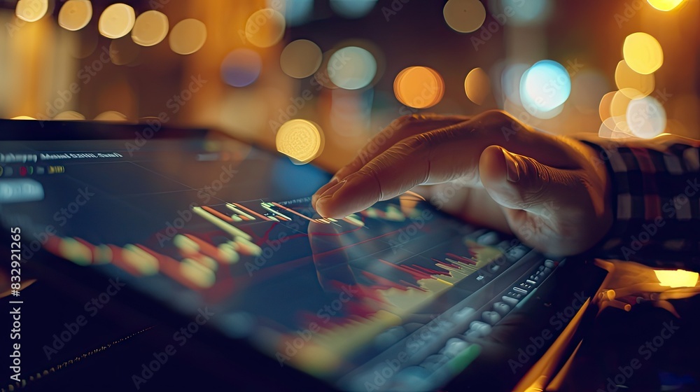 Poster close-up of hands scrolling through trading graphs on a tablet screen