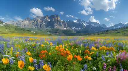 Fototapeta premium A nature mountain landscape with wildflowers in the foreground, the majestic peaks rising in the background