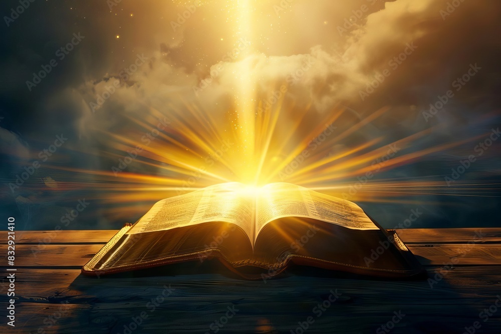 Wall mural silhouette of bible book with bright sun shining and guiding path spiritual concept illustration