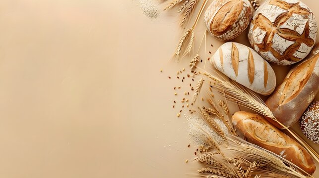 Different bakery products on wooden background