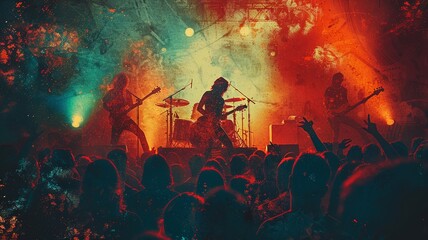 Vintage rock concert flyer with faded colors and retro guitar silhouettes