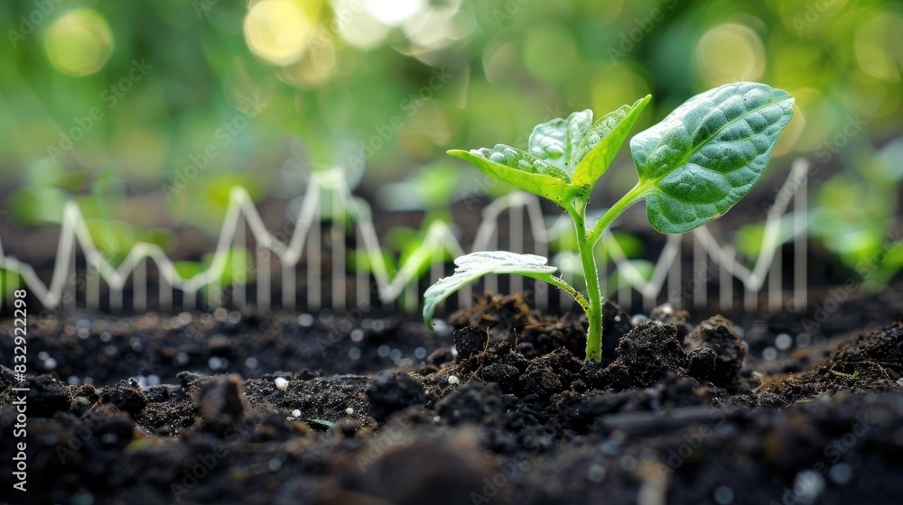 Poster seedling sprouting with a financial growth chart in the background