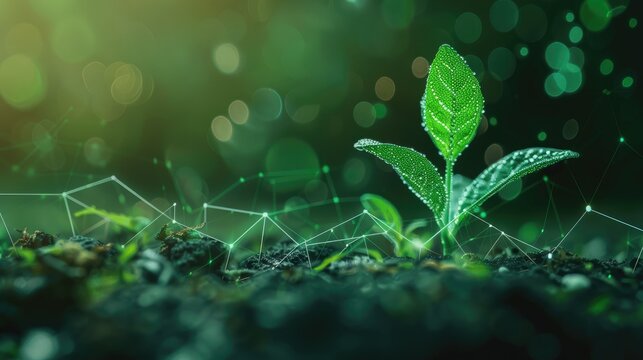 Small plant sprouting with a digital graph showing upward market trends