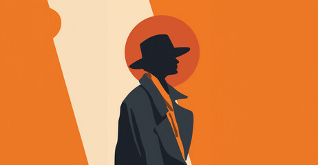 Silhouette of Man in Hat and Coat with Orange Background