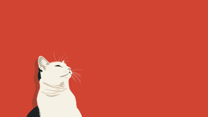 White Cat Looking Up on Red Background