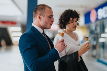 Business colleagues wearing formal attire, enjoying ice cream cones during a break in a mall. Relaxed and casual moment in a professional environment.
