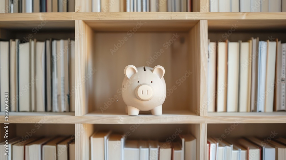 Poster a piggy bank placed on a bookshelf with blank space on the shelves or books for adding copy
