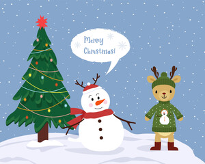 Snowman and deer against the background of a Christmas tree. Winter landscape. Postcard template for Christmas and New Year. Cartoon characters. Vector illustration