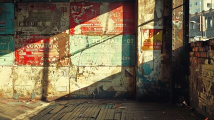 Rich textures of old posters under an urban bridge captured up close