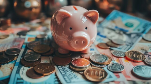 A piggy bank surrounded by coins and banknotes with space around them for incorporating text or financial tips 