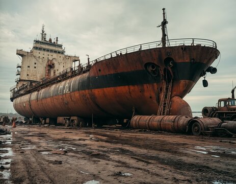 An old rusted ship is on land, with a cloudy sky above.