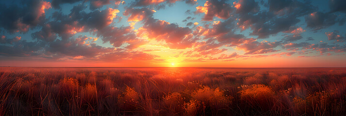 A nature plain during sunset, the sky ablaze with colors, and the grass casting long shadows