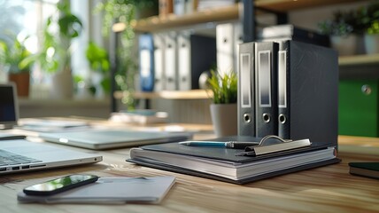 office desk organized with colorful files and stationery under sunlight