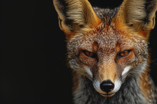 Mystic portrait of Bengal Fox in studio, copy space on right side, Anger, Menacing, Headshot, Close-up View Isolated on black background