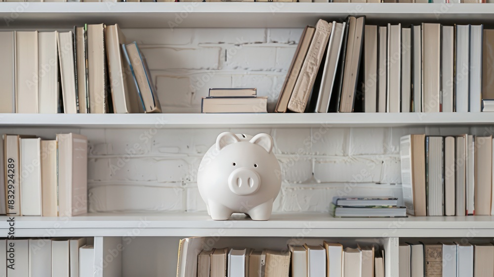 Poster a piggy bank placed on a bookshelf with blank space on the shelves or books for adding copy with min