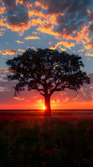 A nature prairie scene with a lone tree silhouetted against the setting sun, the sky glowing with vibrant colors