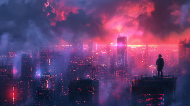 Purple foggy cyberpunk city in a rough animation style. Generative Ai wallpaper.