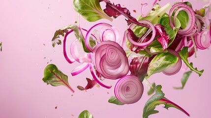 Sliced red onions and mixed salad greens flying in mid-air with a pastel lavender background