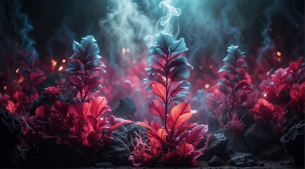 Fantasy Plants with Glowing Leaves and Ethereal Smoke in Mystic Forest