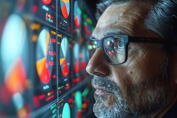 Man With Glasses Analyzing Wall of Numbers