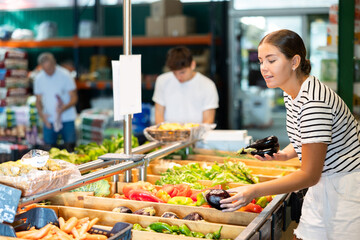 Young woman shopper choosing eggplants in grocery store