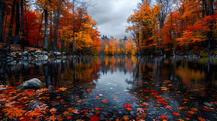 Obraz premium A nature river surrounded by autumn foliage, the water reflecting the brilliant reds and oranges of the trees