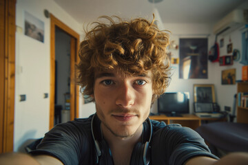 Realistic phone selfie made by a redhead guy with headphones at home without filters