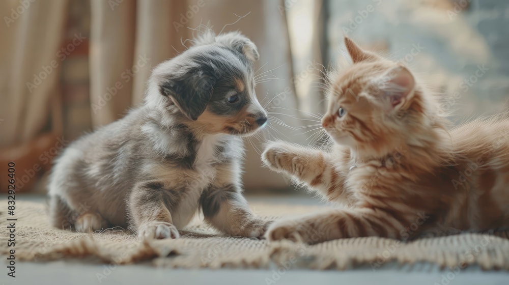 Poster A Touching Interaction Between a Dog and Cat Playing Together Puppy And Kitten playing joyfully