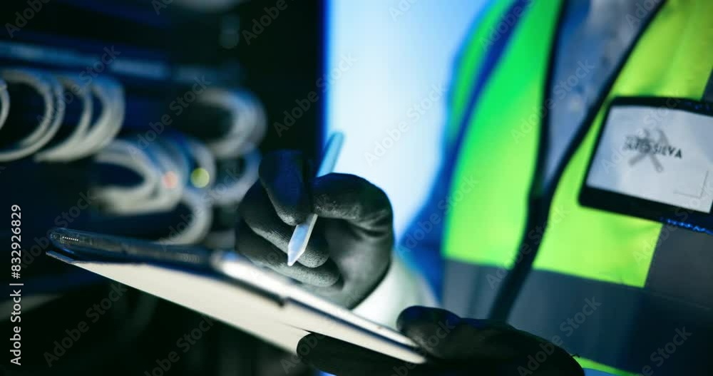 Poster Data center, tablet and hands of man with computer server for programming, coding and information technology. Cybersecurity, IT and technician for online inspection, maintenance and software backup