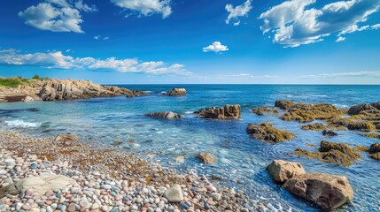 Beachfront with Rocky and Sandy Shoreline Overlooking Ocean with Blue Sky