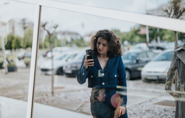 Young woman walking in urban area while focused on her smart phone, taking a photo, reflection in glass window, daytime scene