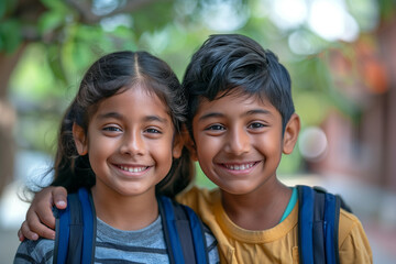 Happy Indian Siblings With Backpacks Ready for Back to School or Hike