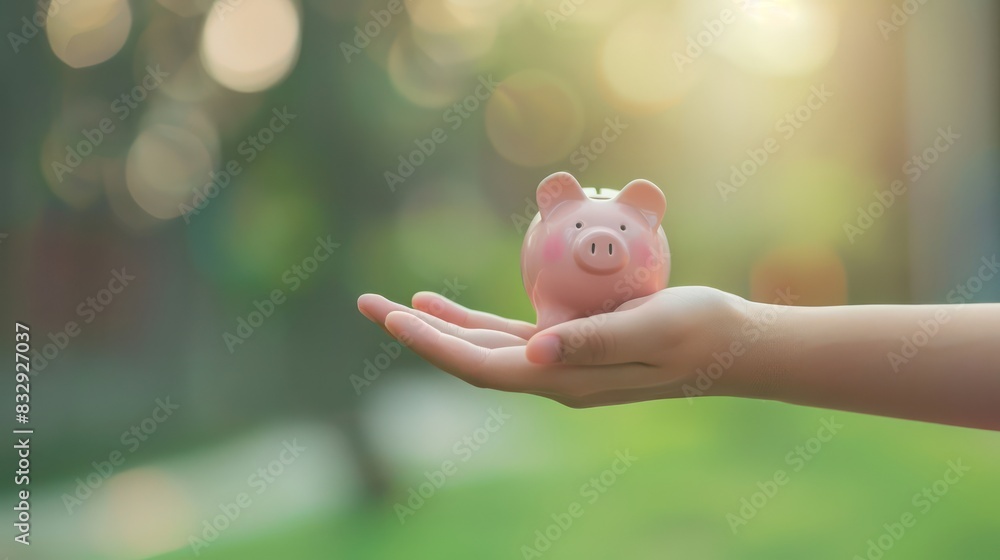 Poster a hand holding a piggy bank outstretched towards the camera against a blurred background, providing 