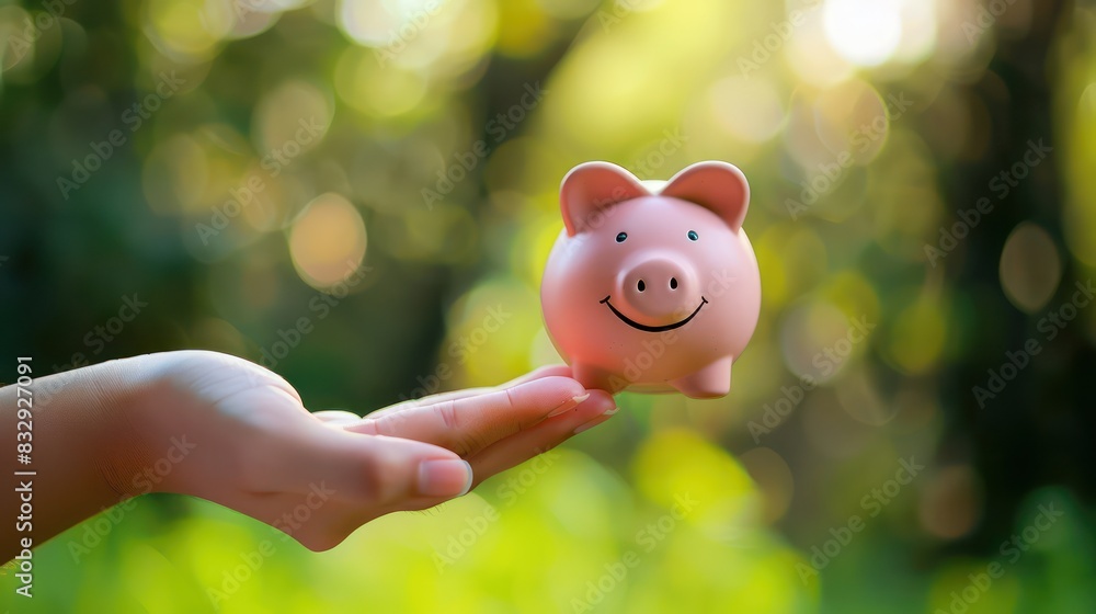 Poster a hand holding a piggy bank outstretched towards the camera against a blurred background, providing 