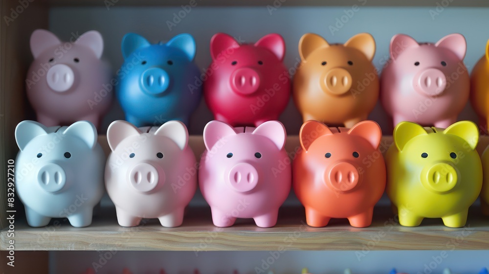 Poster a top-down view of multiple piggy banks of different colors arranged neatly on a shelf, with space b