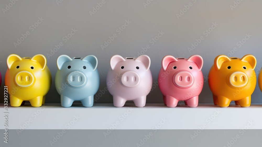 Poster a top-down view of multiple piggy banks of different colors arranged neatly on a shelf, with space b