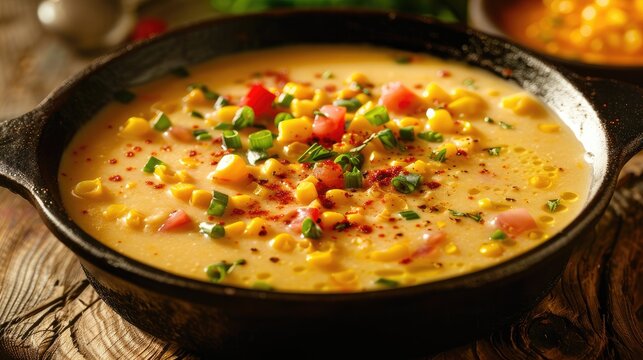 Creamed corn soup placed on a wooden table