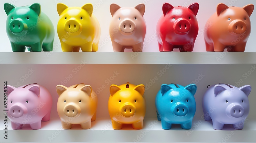 Poster a top-down view of multiple piggy banks of different colors arranged neatly on a shelf, with space b