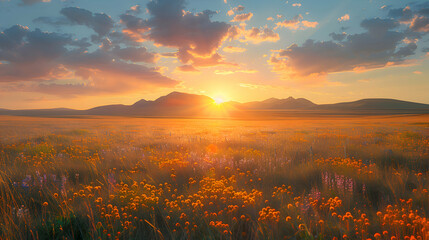 A nature steppe during sunset, the sky ablaze with colors, and the grasses casting long shadows