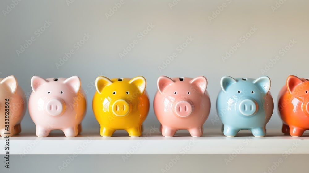 Poster a top-down view of multiple piggy banks of different colors arranged neatly on a shelf, with space b