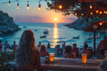 Back view of a woman with a blonde ponytail relaxing at a seaside bar with drinks during a striking sunset