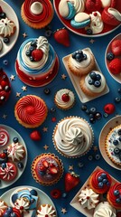 Assorted festive desserts and cupcakes with vivid colors and fresh fruits on a blue background. Perfect for celebrations and indulgence.
