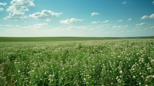 Scenic sight of buckwheat field beneath clear skies - Powered by Adobe