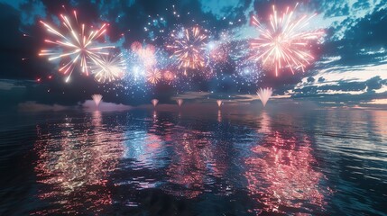 Stunning fireworks display over a calm lake, reflecting colorful explosions in the night sky, creating a mesmerizing visual spectacle.