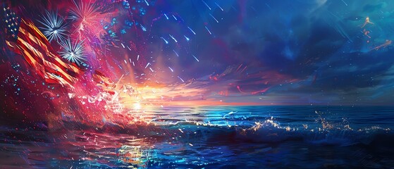 Fototapeta premium Vibrant fireworks illuminating the ocean at sunset, capturing the essence of celebration and patriotic spirit with a dramatic sky.